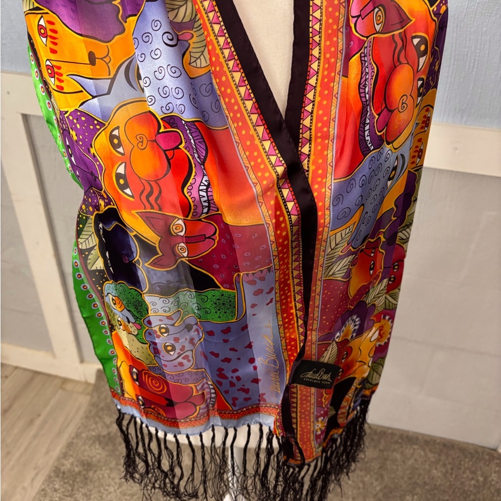 Laurel Burch Scarf Silk Vibrant Dogs,Pups Animal Art Tassel ends 11” by 54”